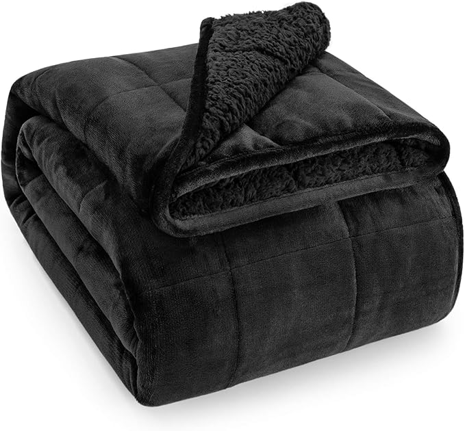 Sherpa Fleece Weighted Blanket for Adult 20 lbs Queen 60"x80" Black | Better Sleep, Relax Body & Mind, Dual Sided Soft Fuzzy Heavy Throw Blankets, Plush Flannel Top, Chunky Fluffy, Warm Hug