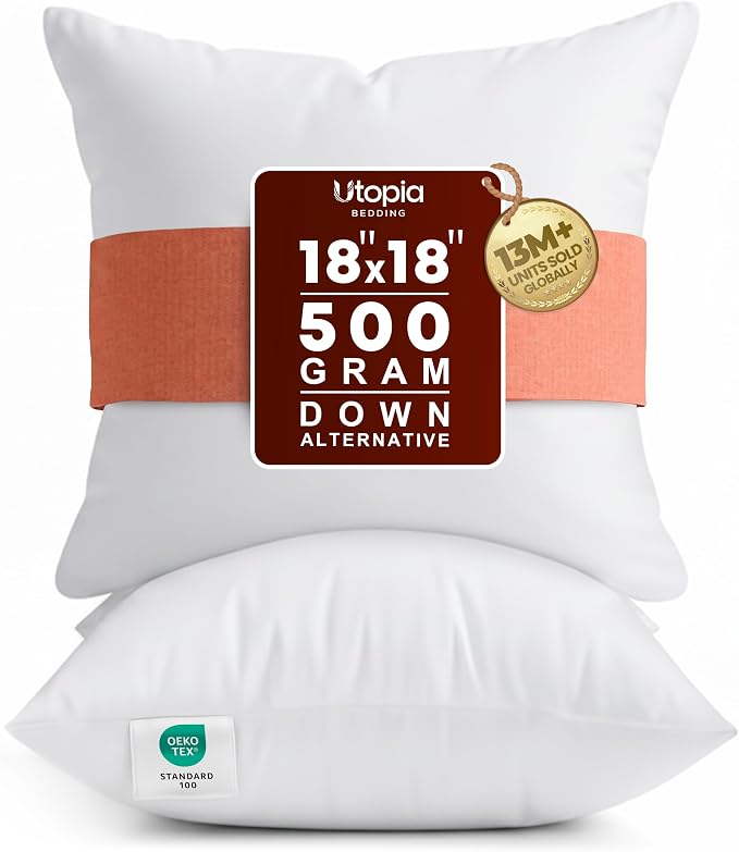 Utopia Bedding 18x18 Pillow Inserts, White Throw Pillows for Couch, 2 Pack | 100% Virgin Filling, Indoor Cushion Inserts for bed, sofa & couch, Extra Filled, Supportive & Fluffy Decorative Pillows