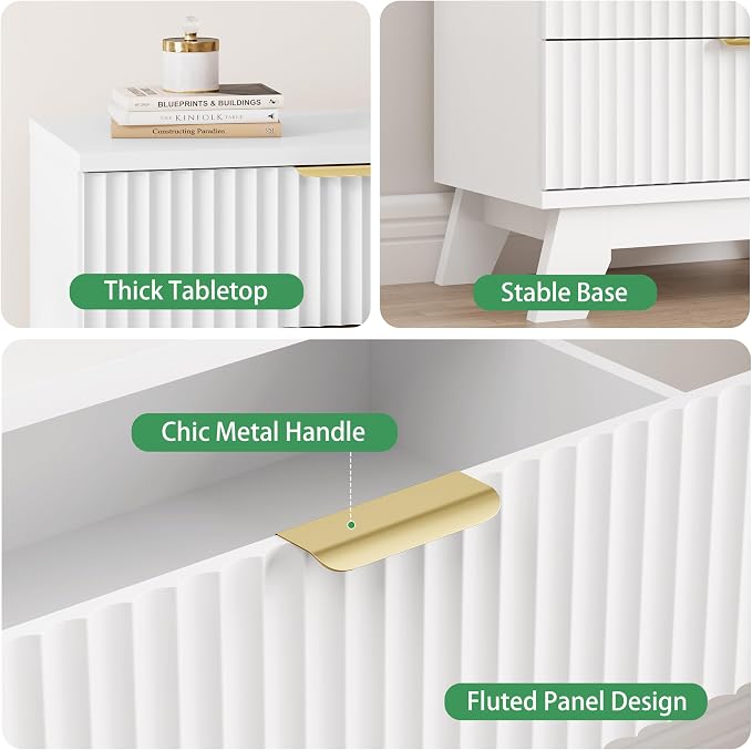 Fluted Dresser for Bedroom with 3 Drawers, 24" Wide Modern Chest of Drawers with Metal Handle, Wooden Dresser TV Stand, Wood Closet Clothes Storage Drawer Organizer for Living Room, Hallway, White
