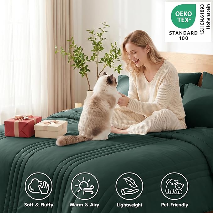 Queen Comforter Set Forest Green - 7 Pieces Bed in a Bag | OEKO-TEX Certified, 240GSM Down-Alternative Comforter, 14" Deep-Pocket Sheets, Shams & Pillowcases, Lightweight