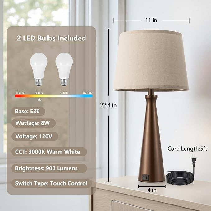 Modern Touch Lamps for Nightstand, 3 Way Dimmable Bedroom Lamp Set of 2 | USB C+A Charging Ports, Brown Bedside Lamps for Bedroom, Living Room, End Table, Bed Side, LED Bulb Included