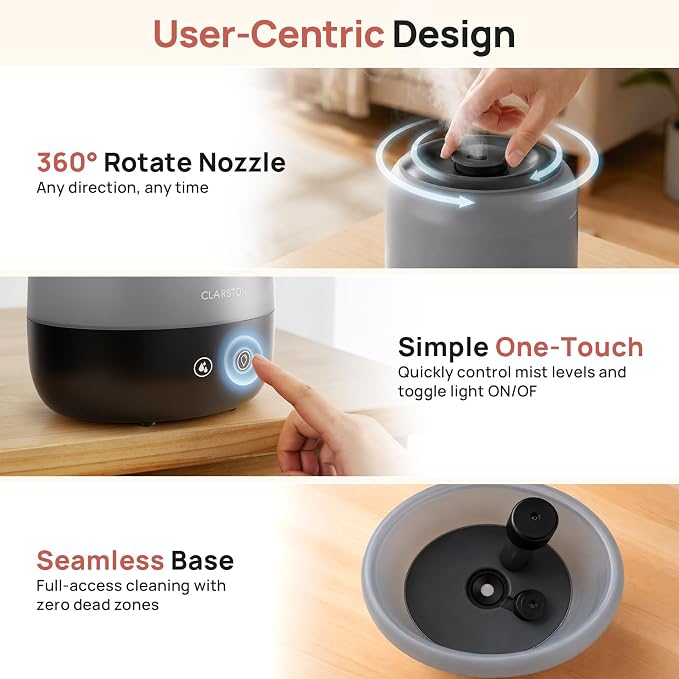 Clarston Humidifiers for Bedroom, 2L Cool Mist Humidifier, 24dB Quiet Sleep | 25H Runtime, Easy to Top Fill & Clean, Humidification for Baby Nursery & Plant, 360° Nozzle for Large Room, Nightlight,No BPA