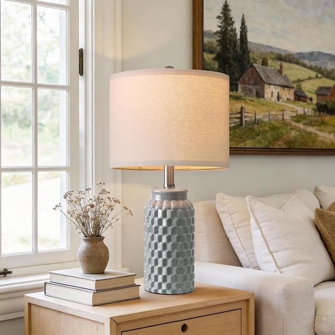 USumkky 20.5" Ceramic Table Lamps Set of 2, Modern Farmhouse Boho Bedside Lamps for Bedroom, Nightstand Lamps for Living Room End Tables, Small Desk Lamps, Grey
