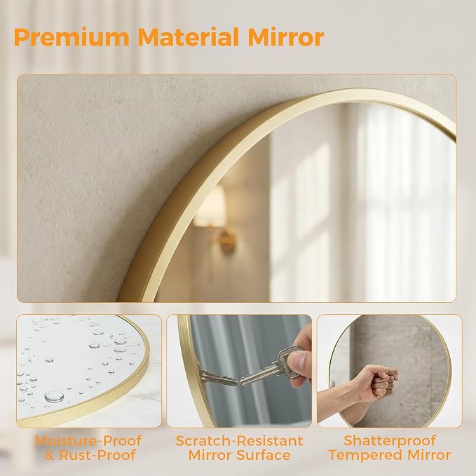 Sweetcrispy Round Bathroom Wall Mirror, Vanity Mirror, 30 Inch | Matte Metal Frame, Wall Mounted, Over Sink, Entryway Decor, Bedroom Decor, Gold