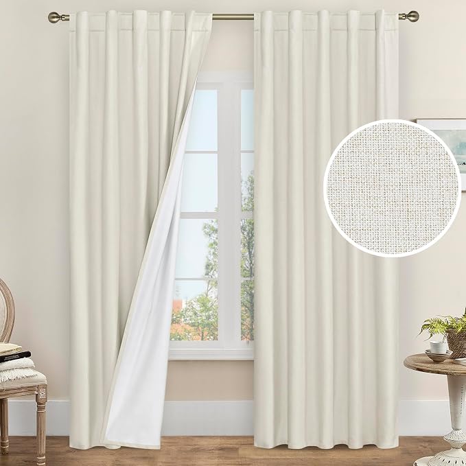 Ivory 100% Blackout Linen Curtains 84 Inches Long 2 Panels | Linen Textured, Living Room, Farmhouse Curtains, Room Darkening, Rod Pocket Back Tab, Panels with White Liner, 42 x 84 Inch