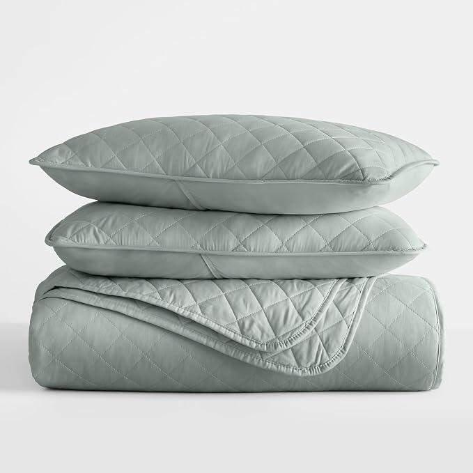 Merit Linens Modern Quilt Coverlet Soft Set in Diamond Stitching - King/Cal-King Eucalyptus