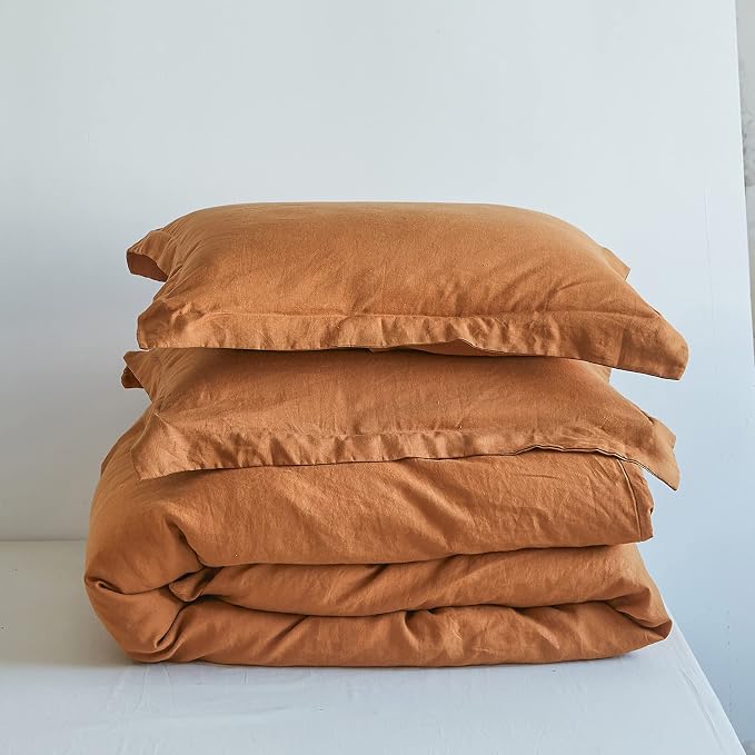 Simple&Opulence 100% Linen Duvet Cover Set 3pcs Basic Style Natural French Washed Flax Solid Color Soft Breathable Farmhouse Bedding with Button Closure - Rust, Full