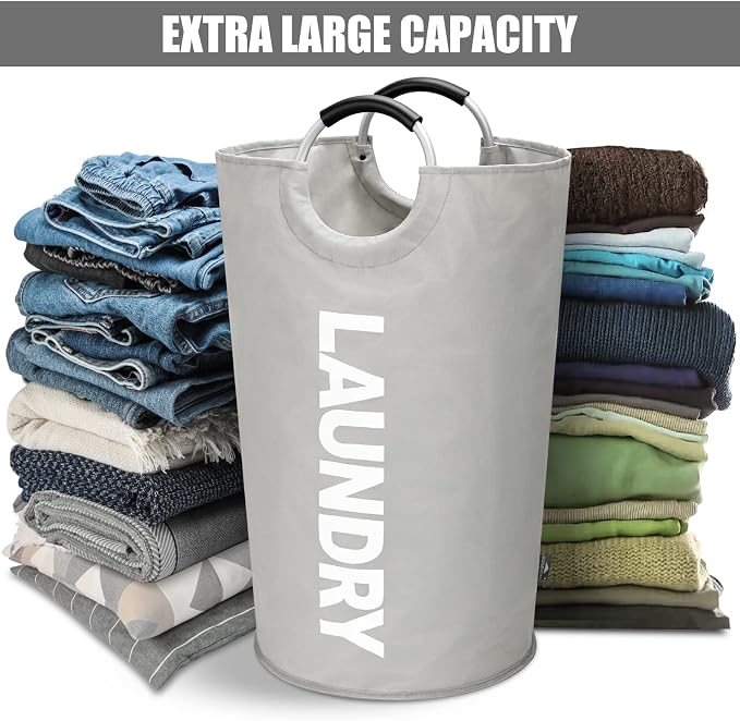 DOKEHOM 125L X-Large Collapsible Washing Laundry Basket Bag (7 Colors) for Bedroom, Fabric (Grey, XL) | Freestanding tall washing bin & foldable laundry bag. Extra large clothes storage basket with durable sturdy handles
