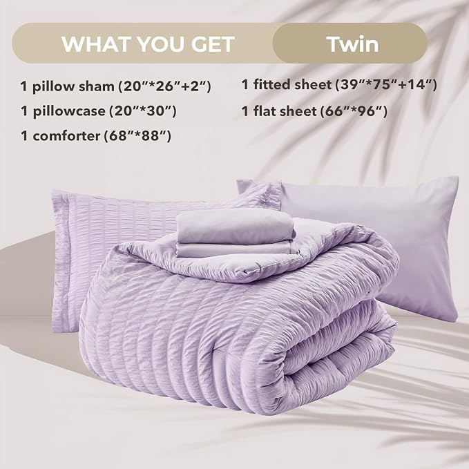 HYMOKEGE Lavender Twin Comforter Set Seersucker 5 Pieces, All Season Luxury Bed in a Bag for Bedroom, Bedding Set with Comforters, Sheets, Pillowcase & Shams