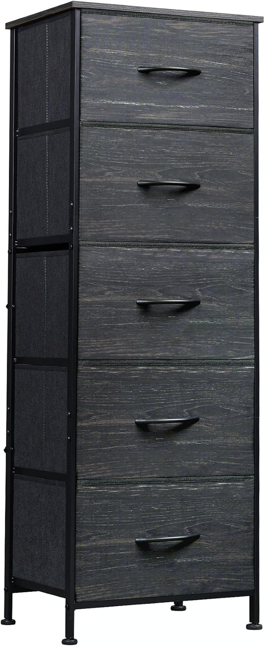 WLIVE 5 Drawer Dresser for Bedroom, Tall Chest of Drawers, Black Wood Grain | 5 vertical fabric drawers, Tall vertical design, Bedroom or closet use, Dresser for small spaces, Sturdy steel frame