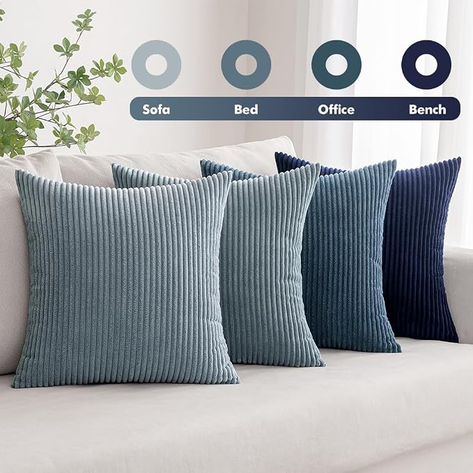 MIULEE Soft Corduroy Decorative Throw Pillow Covers Blue Navy Series 18x18 | Set of 4, Modern Nordic Coastal Decor, Classic Blue Palette, Boho Farmhouse Cushion Covers for Couch Bed Sofa Living Room
