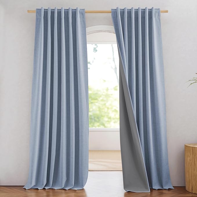 NICETOWN 100% Blackout Linen Curtains 84 inch Long 2 Panels, Stone Blue | Vintage Living Room Curtains Thermal Insulated, Noise Reducing, Privacy Protection, Farmhouse Style, W52" x L84" per Panel