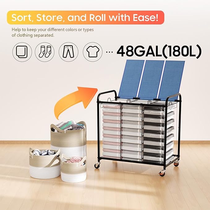 180L Laundry Sorter 3 Section, Rolling Laundry Basket with Wheels and Lid | 47.55 Gal Laundry Hamper, 3 Separated Removable Bags, Lockable Wheels, Dirty Clothes Hamper for Laundry Room Organizer, Blue