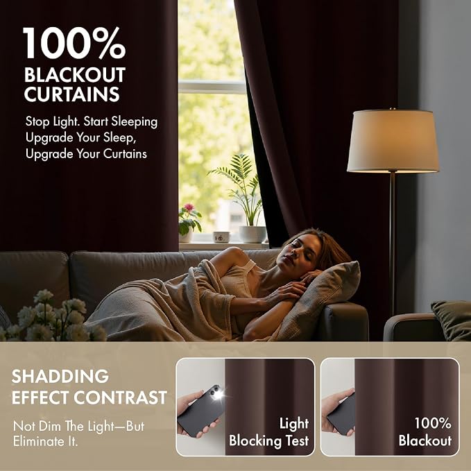 MIULEE Dark Brown 100% Blackout Curtains for Bedroom 40x63 Inch | 2 Thick Layers Thermal Insulated Window Curtains with Black Liner, Noise Reducing Grommet, Drapes for Living Room, 2 Panels