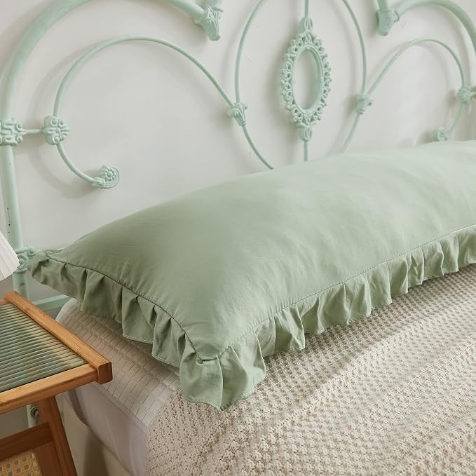 Sage Green Body Pillow Cover 20x54inches Long Pillowcase Ruffled Pillowcases Shabby Chic Ruffled Fringe Decor Body Ruffled Pillow Sham Cute Pillowcase (1 Body, Sea Green)