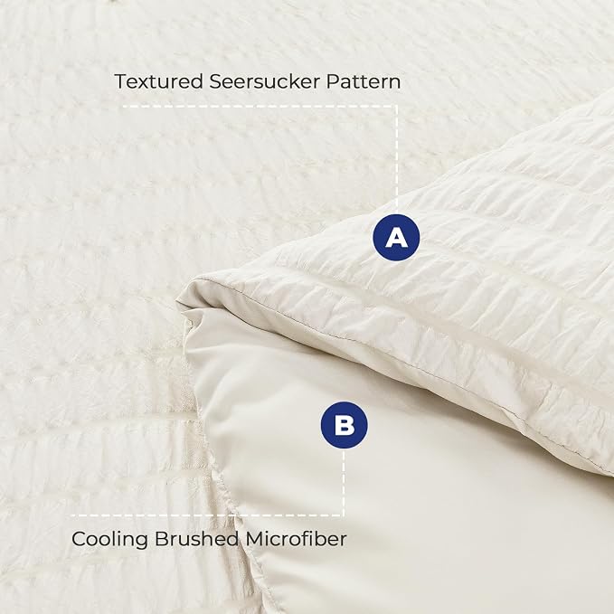 HYMOKEGE Ivory Twin Size Duvet Cover, Ultra Soft 2-Piece Seersucker Duvet Cover Set with Zipper Closure, Soft Brushed Microfiber Bedding Set with 8 Corner Ties (68"x90", 1 Pillowshams)