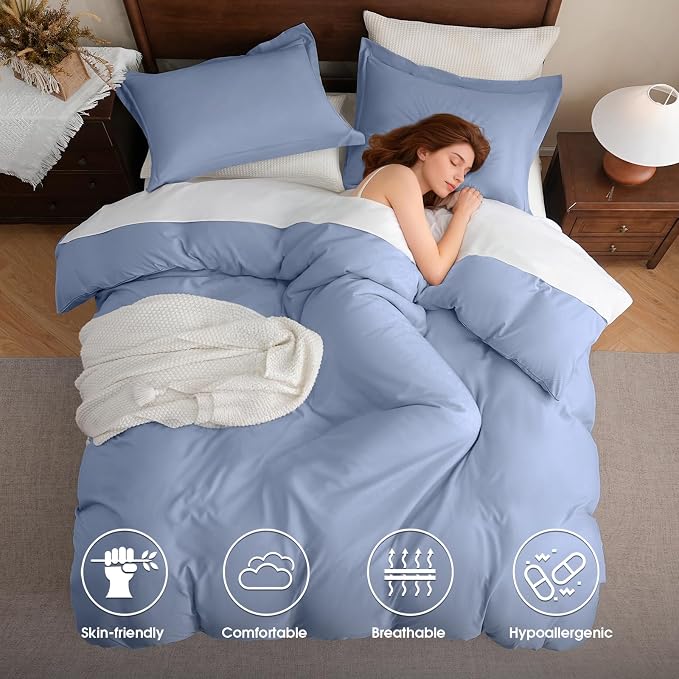 FreshCulture Duvet Cover Queen Size - 3 Pieces Microfiber Duvet Cover Set with Zipper Closure - Lightweight & Easy Care - 1 Comforter Cover & 2 Pillow Shams - Comforter Not Included (Baby Blue)