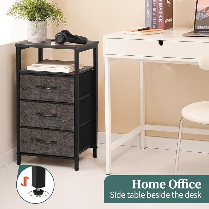 Yoobure Night Stand with Charging Station, 3 Fabric Drawers Nightstand, Bedside Tables with Storage Shelf, End Table with 16 Colors LED, Small Dresser for Small Space, Gray | 16 Colors Bedside Table with 3 Fabric Drawers & Storage Shelf, End Table with...