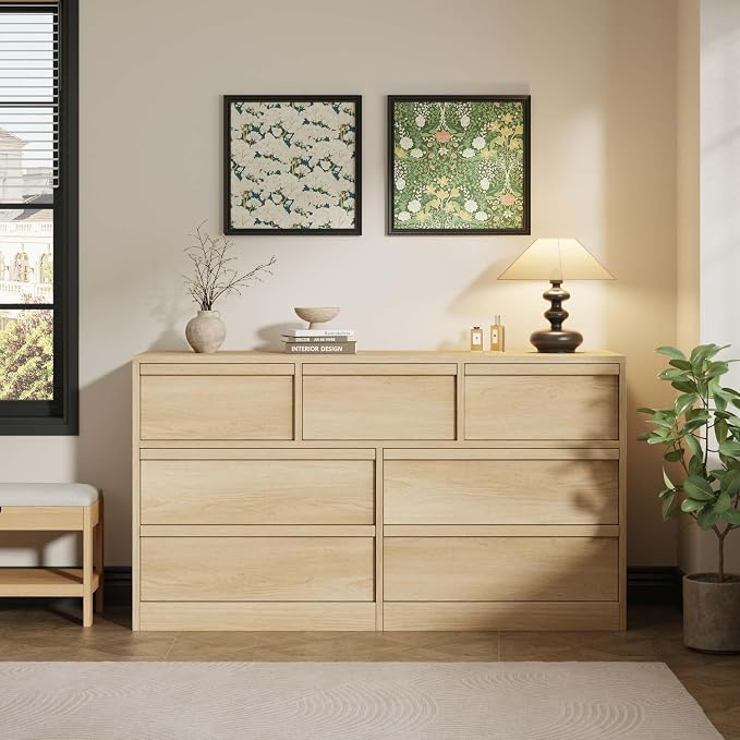 Garvee 7 Dresser for Bedroom, 54" Wide Dresser, Freestanding Horizontal Drawer with Storage, Wooden Closet Chest Storage for Living Room, Hallway, Entryway, Natural Oak