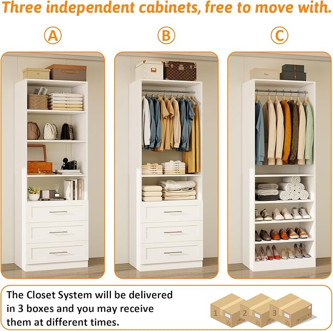 Closet System with 3 Sets, 6–15 FT Closet Organizer System with 6 Drawers, 9 Shelves & 5 Rods, Walk-In Modular Closet System, Custom Built-In Closet Kit, White