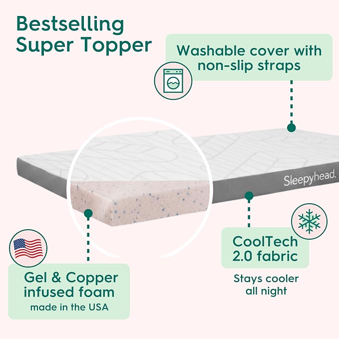 Sleepyhead Full Size 3 Inch Mattress Topper Super, Thick Cooling Gel & Copper-Infused Memory Foam for College Dorm, Pressure Relief, Removable Washable Cover, CertiPUR-US Certified (Full 3")