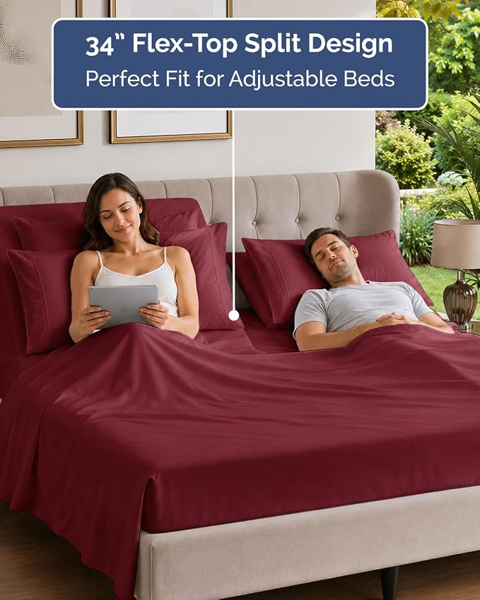 Flex Top Split Head King 6 Piece Sheet Set - Soft & Cooling - Burgundy | Ultra Soft Hotel Luxury Bedding Set w/ 8-16 Inch Deep Pockets, 1 Flat & 1 Split-Head Fitted Sheet & 4 Pillowcases, Fade Free