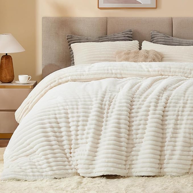 BEDELITE Fleece California King Comforter Set, Fluffy Bed Set, Cream White | Super Soft & Warm Bedding, Luxury Fuzzy Faux Fur Comforter for Winter, Heavy Plush Bedding, with 2 Pillowcases