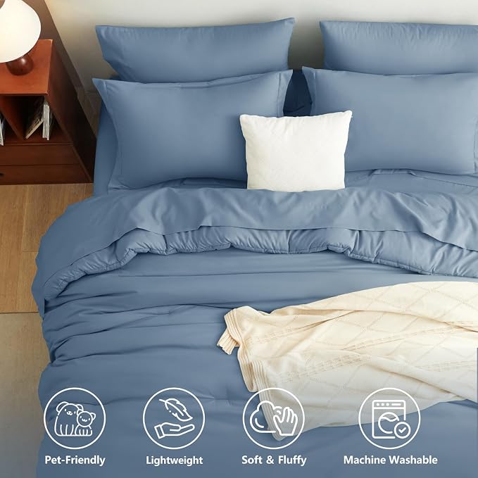 Queen Comforter Set Grayish Blue, 7 Pieces Bed in a Bag | OEKO-TEX Certified, All-Season, Bedroom, 240GSM Down Alternative Comforter, Flat & Fitted Sheets, 2 Pillowcases & 2 Shams