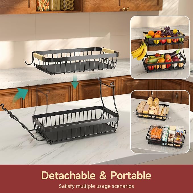 Sevenblue 3-Tier Fruit Basket with Banana Hangers, Detachable Metal Bowl | Wooden handle, protective mats included. Versatile holder for bread, snacks, and veggies. Large 3 tier metal design.