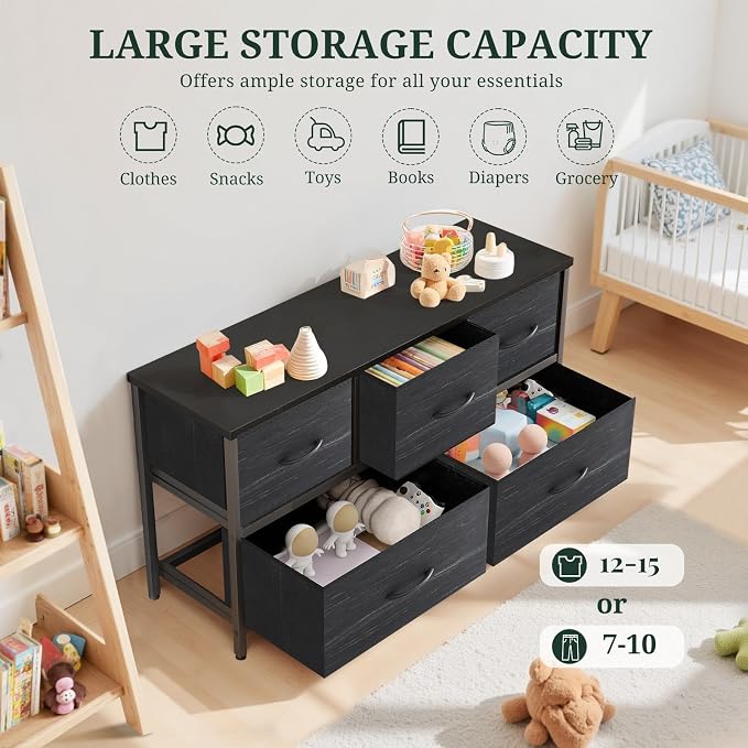 5-Drawer Dresser for Bedroom, Anti-Tip Wide Storage Organizer Fabric | Chest of Drawers TV Stand for 45" TV with Wooden Top Metal Frame for Closet, Living Room, Hallway, Entryway, Charcoal Black