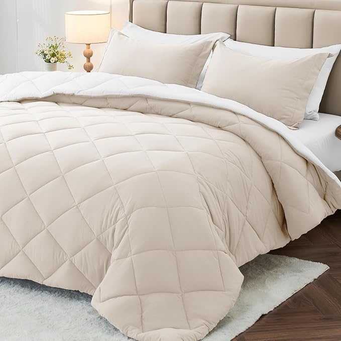 7 Pieces King Comforter Set, Reversible Bed in a Bag King Size, All Season Bedding Set with Comforter, Flat Sheet, Fitted Sheet, Pillowcases & Shams, Beige & White