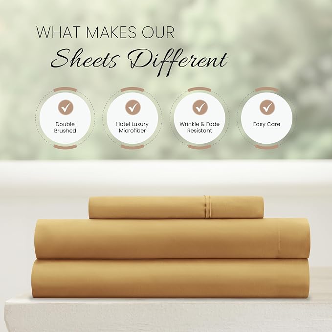 Linen Market Brushed Microfiber Twin Sheet Set 3 Piece – Oeko-TEX Certified Ultra Soft & Wrinkle-Free - 16" Deep Pocket Sheets - Easy Care Twin Size - Gold