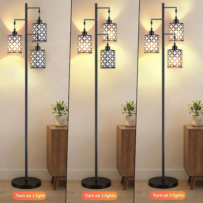 72" Dimmable Floor Lamp with Remote & Timer, Industrial Farmhouse Rustic Standing Lamp for Living Room Bedroom, 3 Individually Controlled Heads, 2 Height Options, 3 x LED Bulbs Included