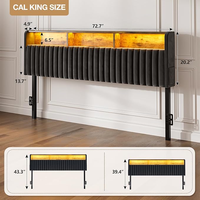 IKIFLY California King Storage Headboard Only, Adjustable Height, Black | Velvet Upholstered Cal King Head Board with LED Lights & Charging Station, Easy Assembly, Modern Freestanding Headboard