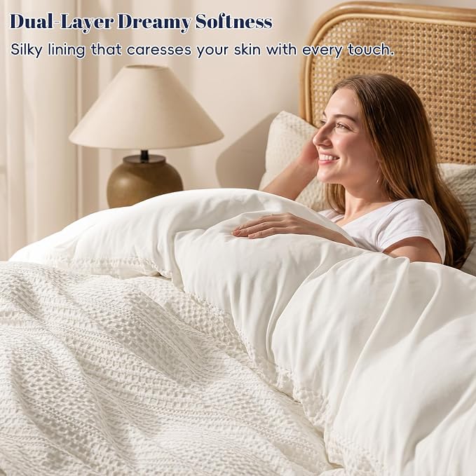 PHF Soft Waffle Duvet Cover King Size- Durable Breathable Waffle Weave Duvet Cover(104"x90") with 2 Pillow Shams, 3 Pieces Luxury Textured Bedding Set for All Season, Cream