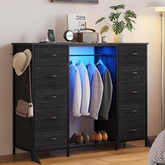 LUMTOK 55"W Dresser with Hanging Rack,10 Fabric drawers & Hooks for Bedroom | Black 10 Drawers Dresser with LED Lights, Charging Station,chest of drawers with wooden top for clothing storage organization