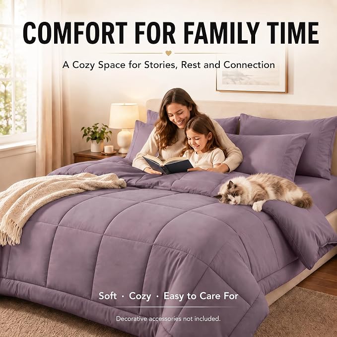 Full Size Comforter Sets Dusty Purple - 7 Pieces Bed in a Bag | OEKO-TEX Certified, All-Season, Bedroom, Guest Room, Down-Alternative Comforter + Flat & Fitted Sheets + 4 Pillowcases