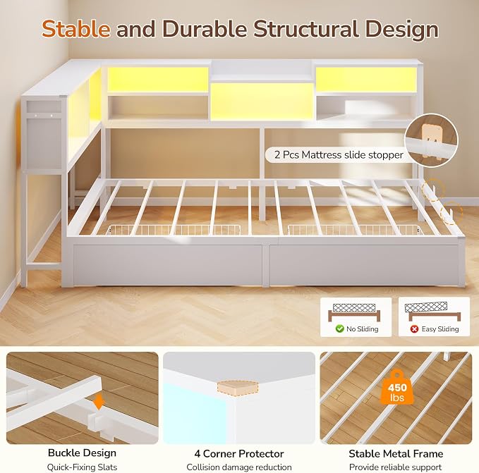 DICTAC Corner Bed Frame Twin XL with 2 Storage Drawers and Bookcase Headboard, Twin XL Corner Platform Bed with Led Lights and Charging Station,Metal Daybed with Storage for Kids,Teens & Guests,White