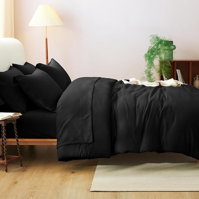 Oversized King Comforter Set Black, 7 Pieces Bed in a Bag | OEKO-TEX Certified, All-Season, Bedroom, 240GSM Down Alternative Comforter, Flat & Fitted Sheets, 2 Pillowcases & 2 Shams
