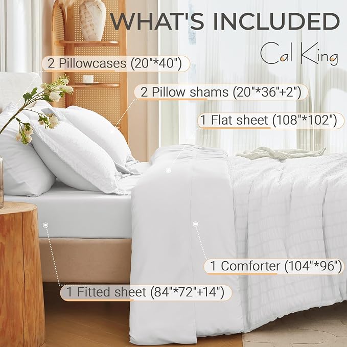 7 Pieces California King Comforter Set, Seersucker Bed in a Bag Cal King Size, All Season Luxury Bedding Set with Comforter, Flat Sheet, Fitted Sheet, Pillowcases & Shams, White