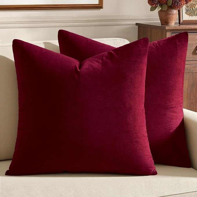 MIULEE Velvet Throw Pillow Covers 20x20 Inch Pack of 2 Wine Red | Soft Solid Decorative Pillow Covers, Modern Luxury Home Decor, for Couch Chair Sofa Bedroom Livingroom
