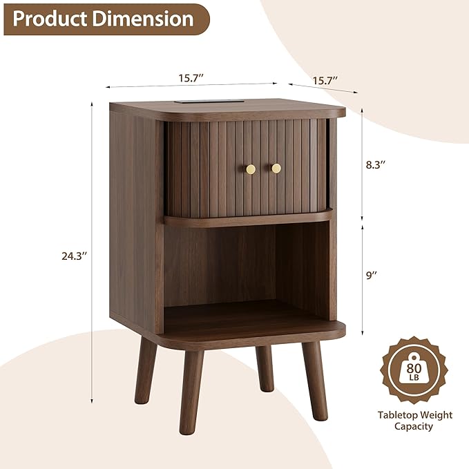 Decofy Fluted Nightstand Set of 2, Charging Station & Sliding Doors, Walnut | Open Shelf, Space-Saving, Concealed Cabinet Storage, Mid Century Modern Bedside Tables, Bedroom End Tables