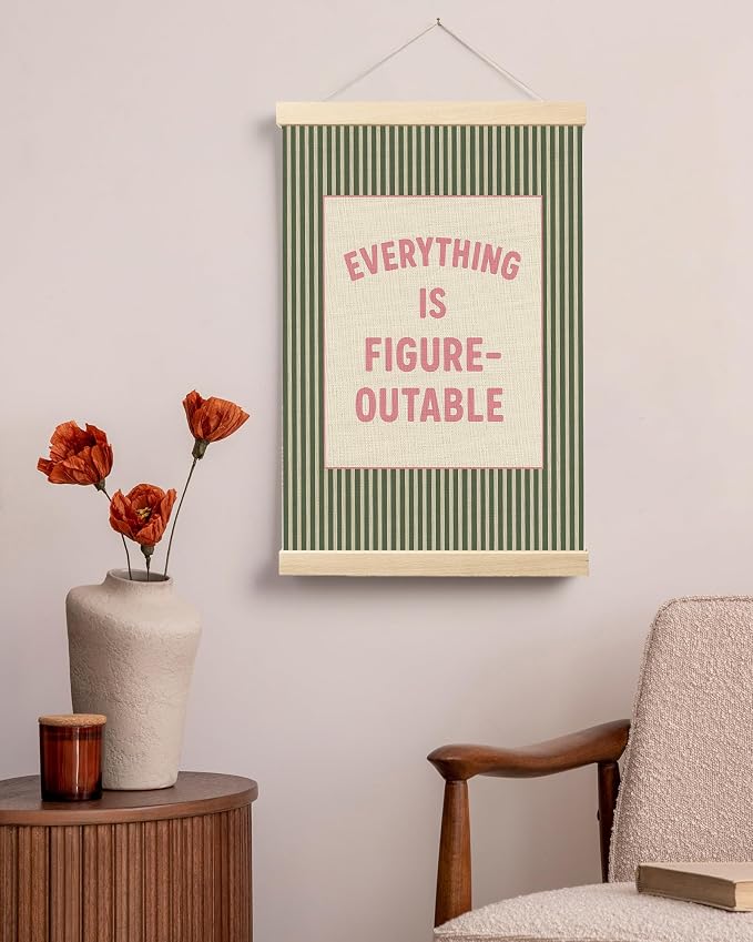 FGFK Positive Affirmations Wall Art Poster Hanger Frame 16x24 Inch | Retro Pink and Green Everything Is Figureoutable Canvas Prints Framed Wall Decor for Office Classroom Home Bedroom
