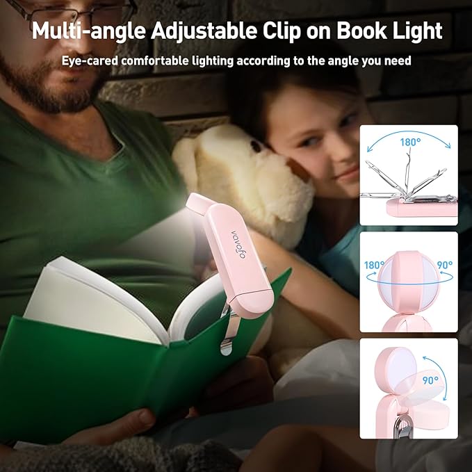 VAVOFO USB Rechargeable Book Light, Bookmark Clip on LED Reading Light | 3 Colors 9 Lighting modes clip on book light, Eye Care Glow for Bed Reading, Christmas Gift for Bookworms, Book Accesories
