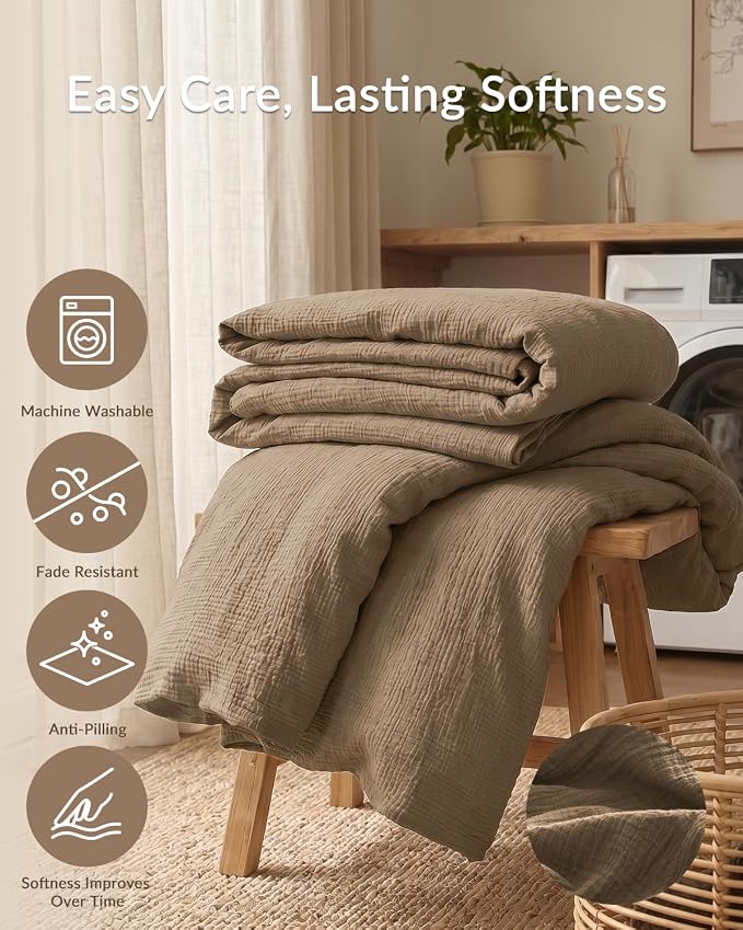 SE SOFTEXLY Muslin Duvet Cover Queen Size, 100% Washed Cotton Duvet Cover Set, Ultra Soft Comforter Cover Linen Like, 3 Pieces Minimalist Gauze Duvet Cover with 2 Pillowcases, 90"x90", Light Brown