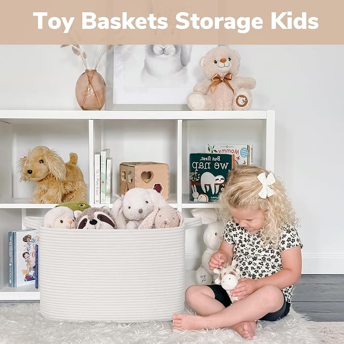 Goodpick 50L Large Woven Storage Basket, 18" x 14" x 12", White | Stylish Gift Basket for Home Decor, Cotton Rope Baskets for Blankets & Toys Storage, Living Room & Bedroom Organization
