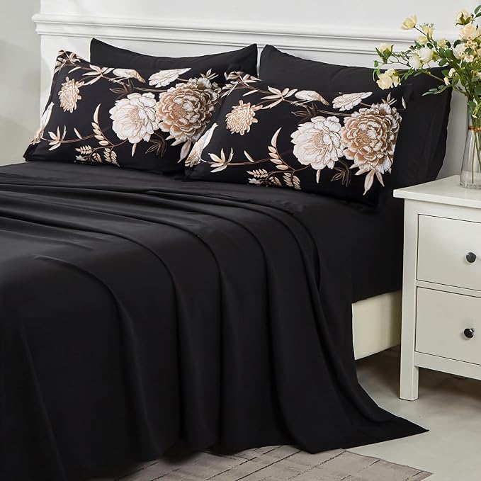 Yogeneg 7 Piece Bed in a Bag Queen Comforter Set Botanical Floral Bedding Set,Flower Leaves Brids Printed on Black Reversible Design,Soft Microfiber Comforter with Sheet Set,All Season(Black B,Queen)