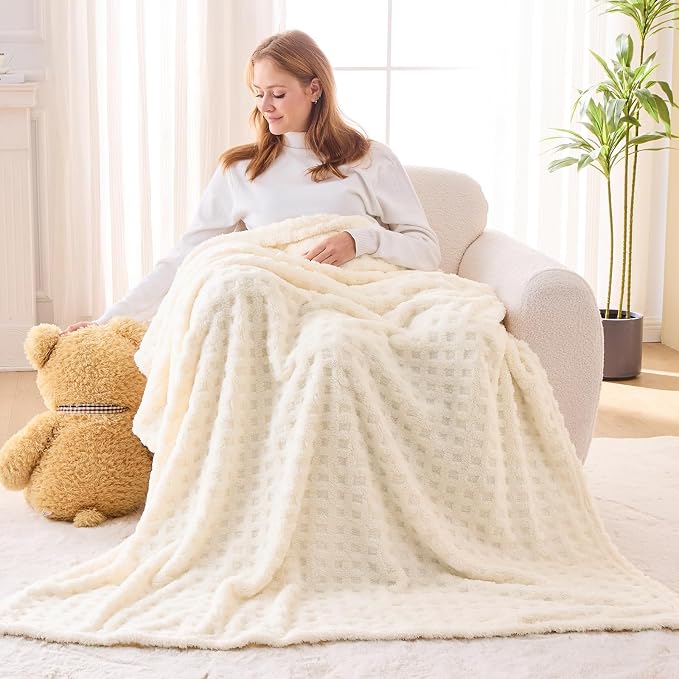 NEWCOSPLAY 3D Waffle Checkered Flannel Twin Blanket, Ivory, 60"x80" | Super Soft Cute Lightweight Decorative Premium Silky Fleece Blanket for Couch Sofa Bed, Gift for Women Men, All Season Use