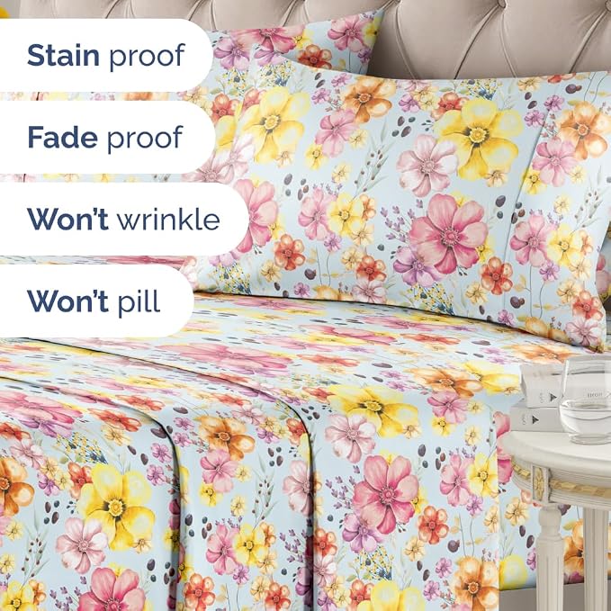 Floral Sheets - Watercolor Floral Bed Sheet Set - 1 Flat, 1 Fitted & 2 Pillowcases w/ Deep Pockets - Wrinkle & Fade Free - Boho Botanical Bedding - Ultra-Soft, Breathable and Cooling - King Size