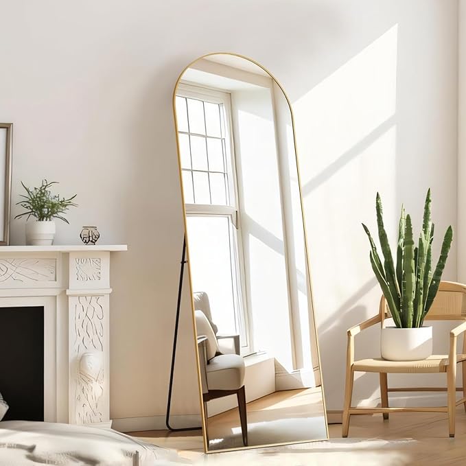 16"x59" Arched Mirror Full Length, Upgraded Body Wall Mirrors | Shatter-Proof Glass, Floor Standing, Hanging or Leaning, Tall Arch Mirror with Stand Aluminum Alloy Frame for Bedroom, Gold